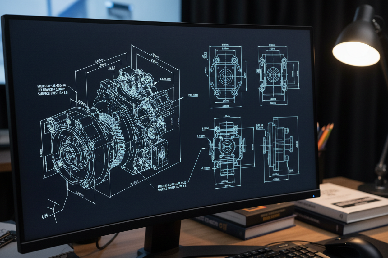 Komplexe CAD-Zeichnung für präzise 3D-Druck-Fertigung